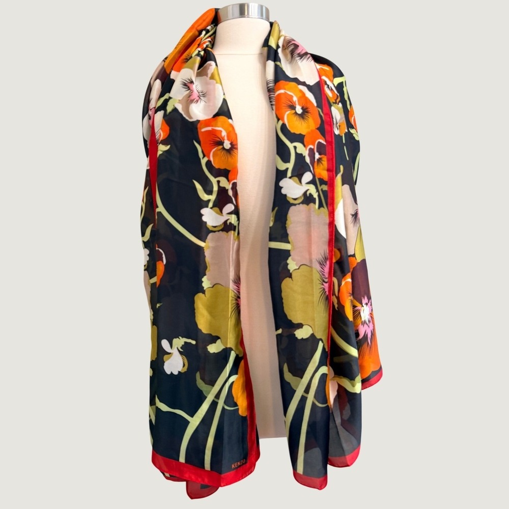 Kenzo Paris 100% Silk Scarf Large Floral Pansy Print Italy 70" x 35"